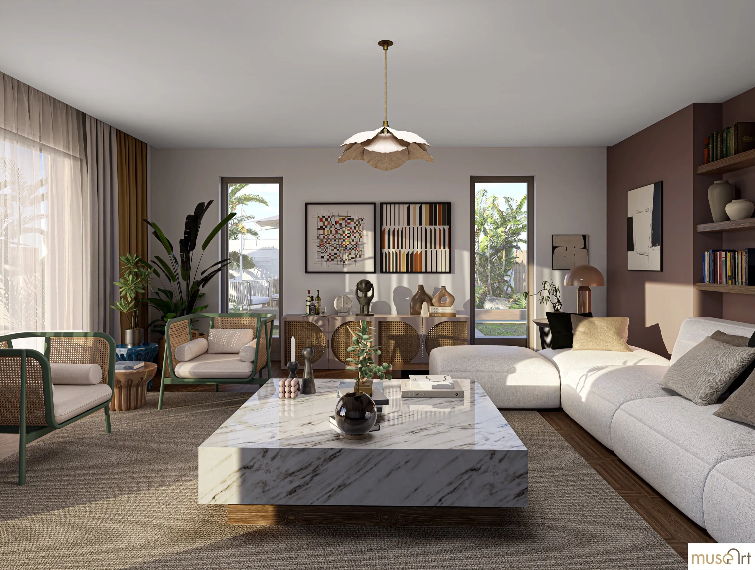 A.G Villa living room with a cane-fronted console and marble coffee table
