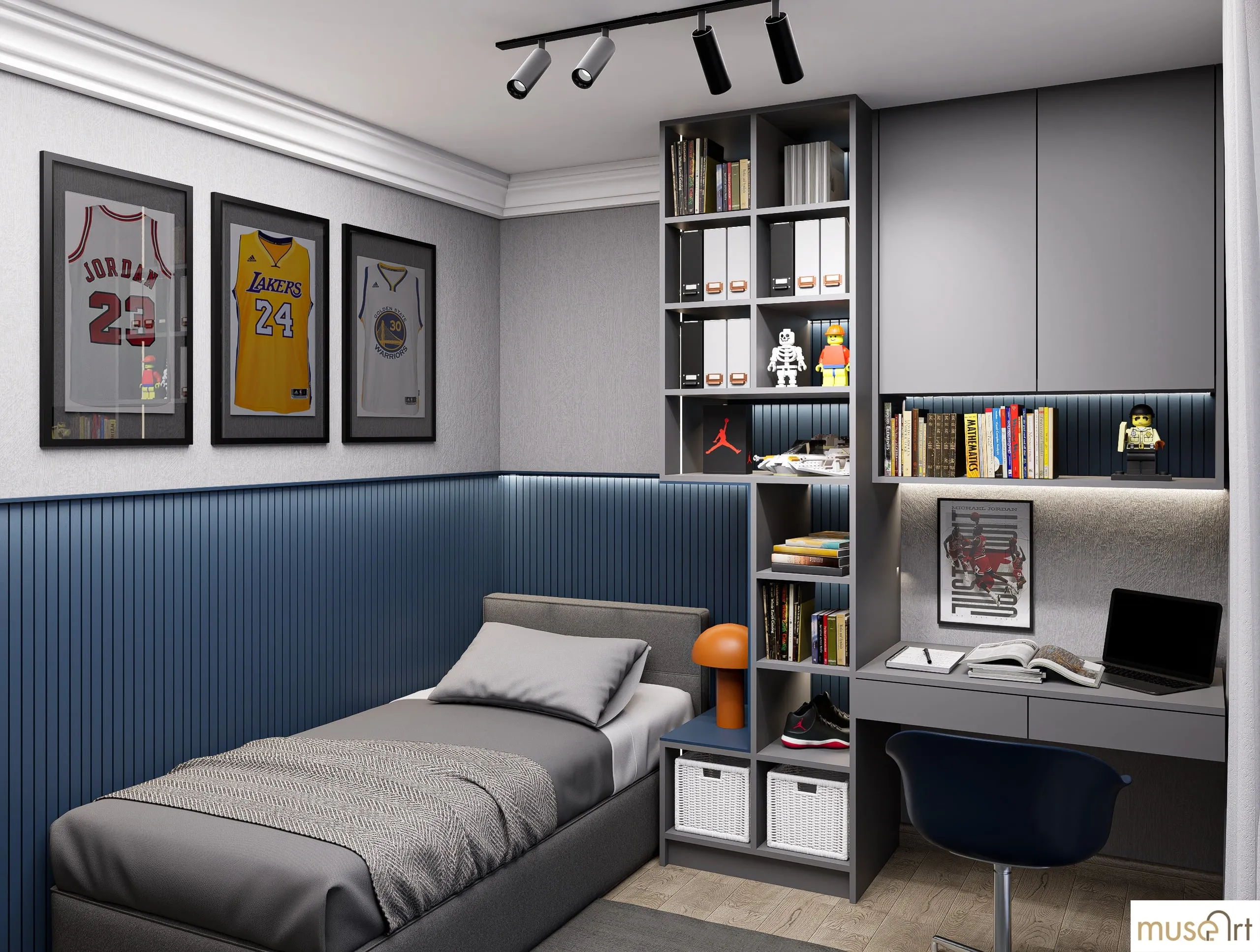 Wide view of the teenage boy's room under track lighting