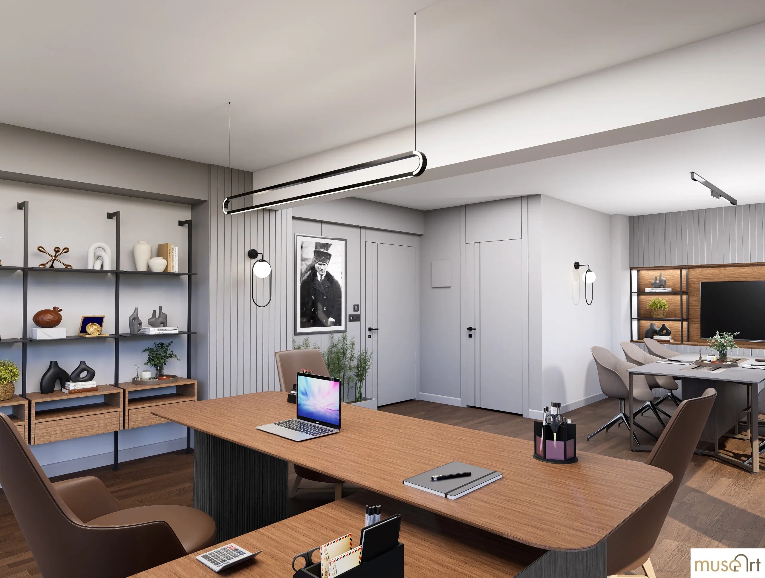 Wide view showing the executive desk and meeting area