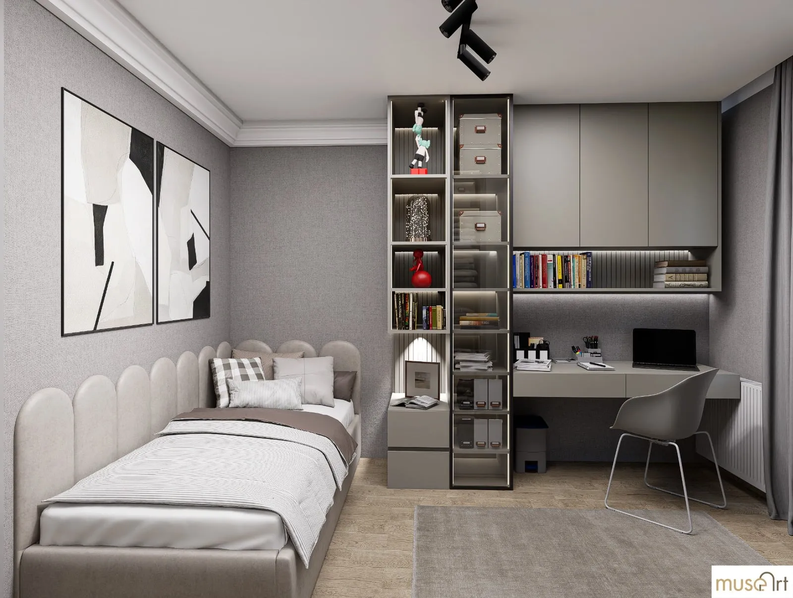 Arched headboard bed and study area