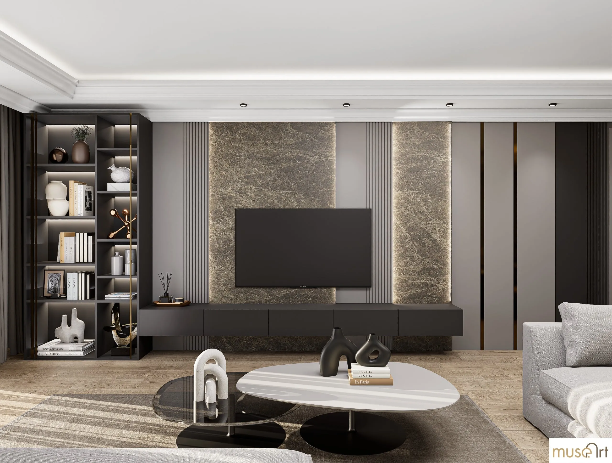 Backlit natural stone TV wall