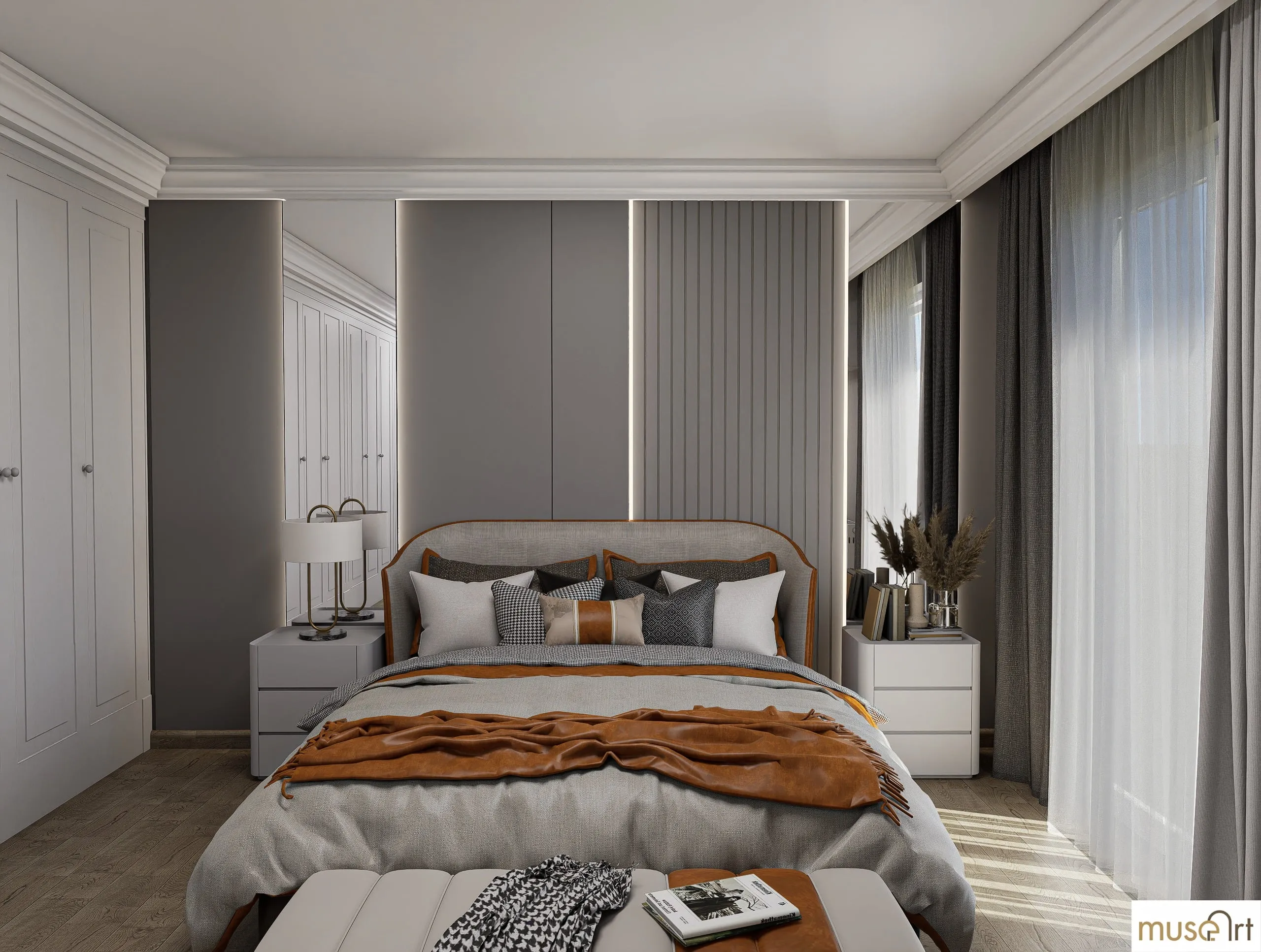 Main bed against the fluted headboard wall