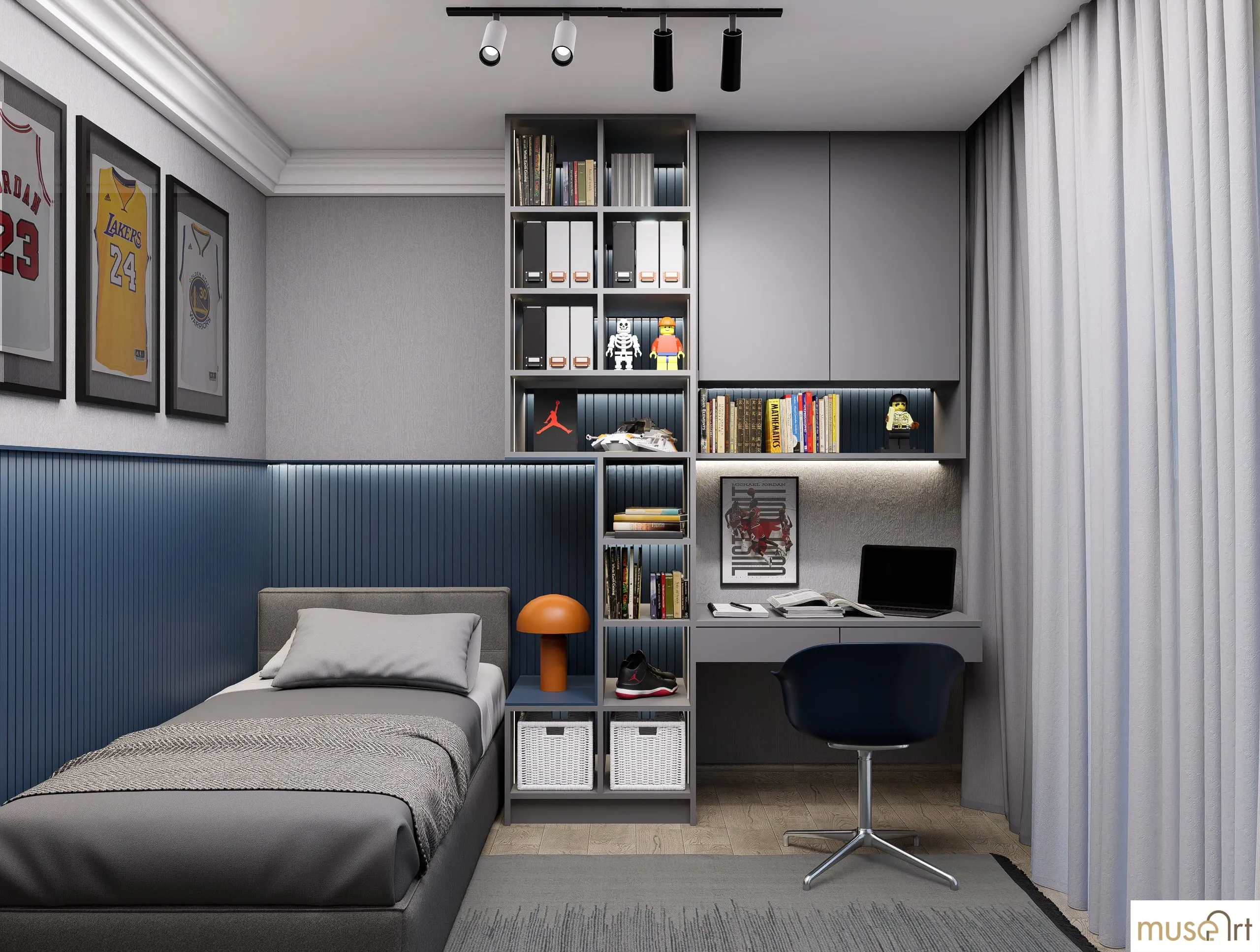 Single bed and built-in study unit