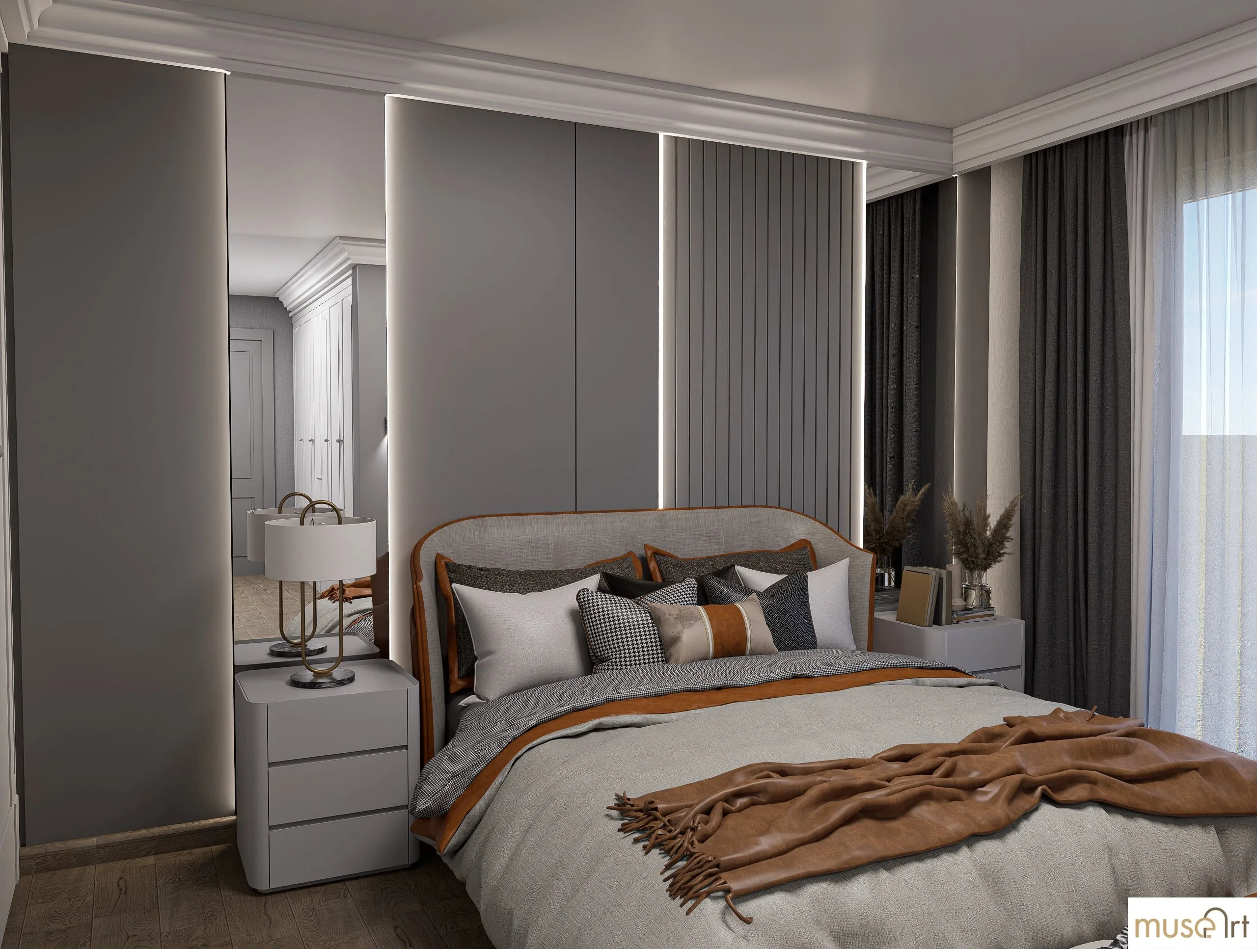 Bedroom viewed from the mirrored wardrobe side
