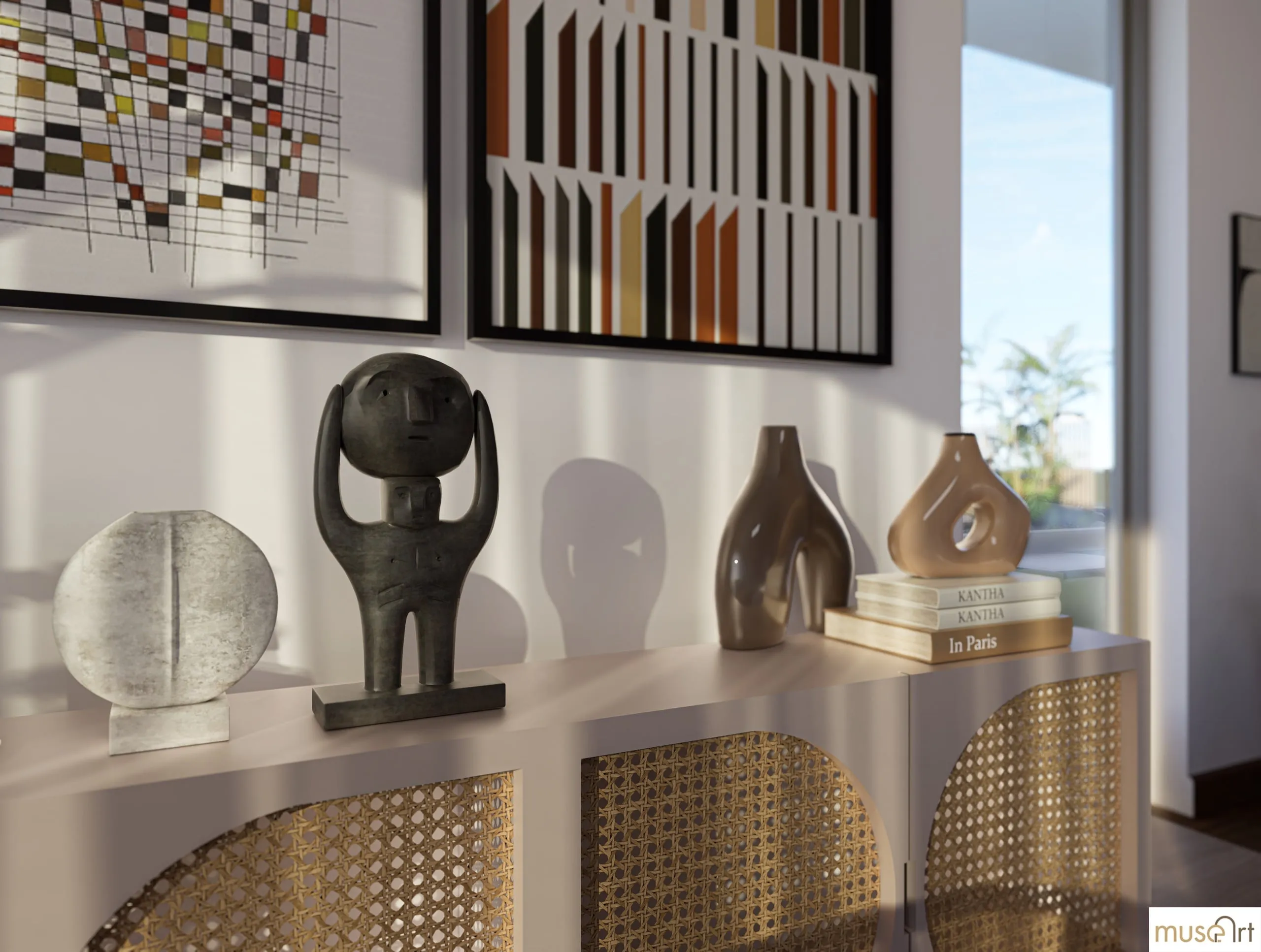 Sculptures and vases arranged on the living room console