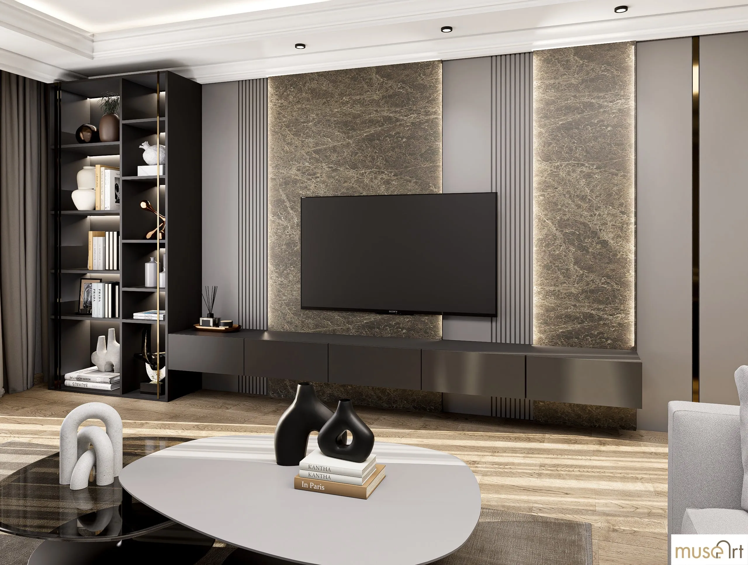 Black shelving unit and TV wall
