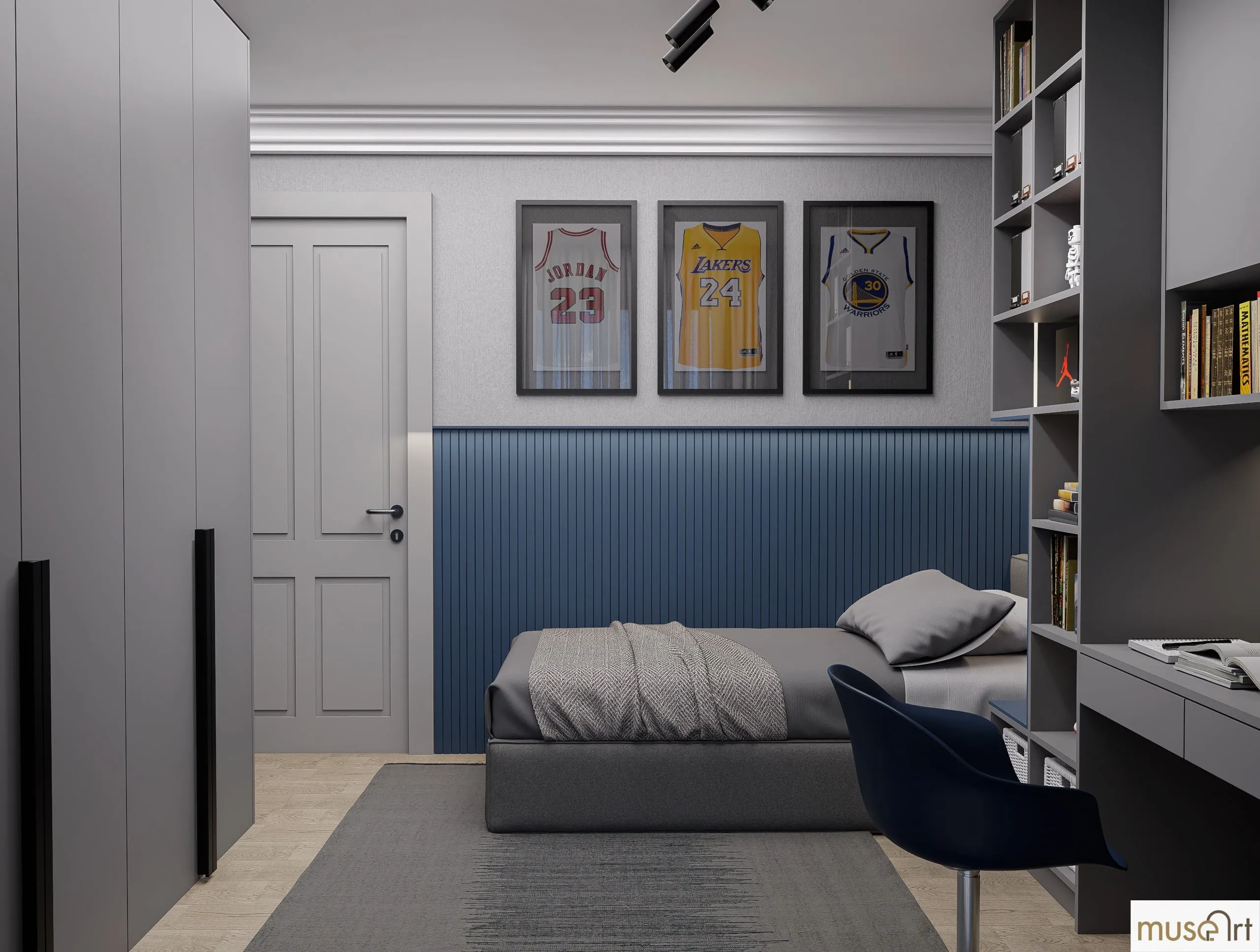 View from the door toward the wardrobe and bed