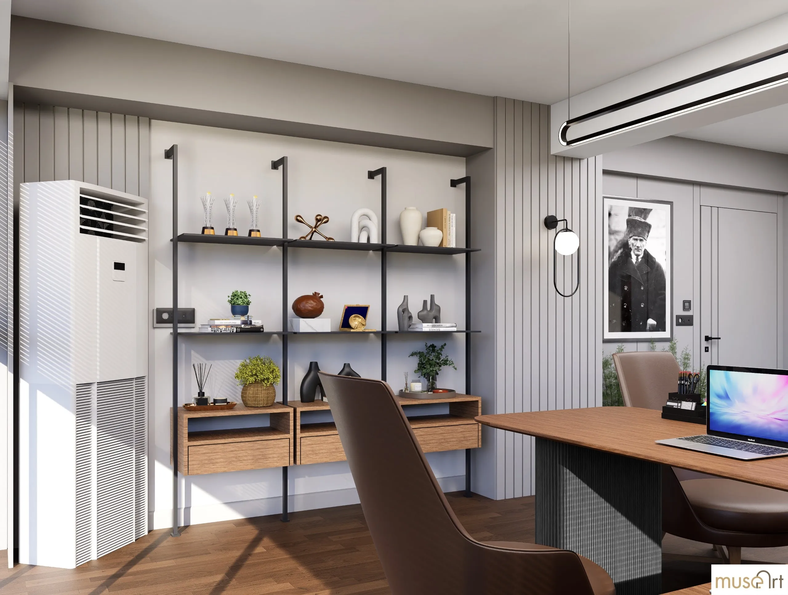 Detail of the black steel shelving system