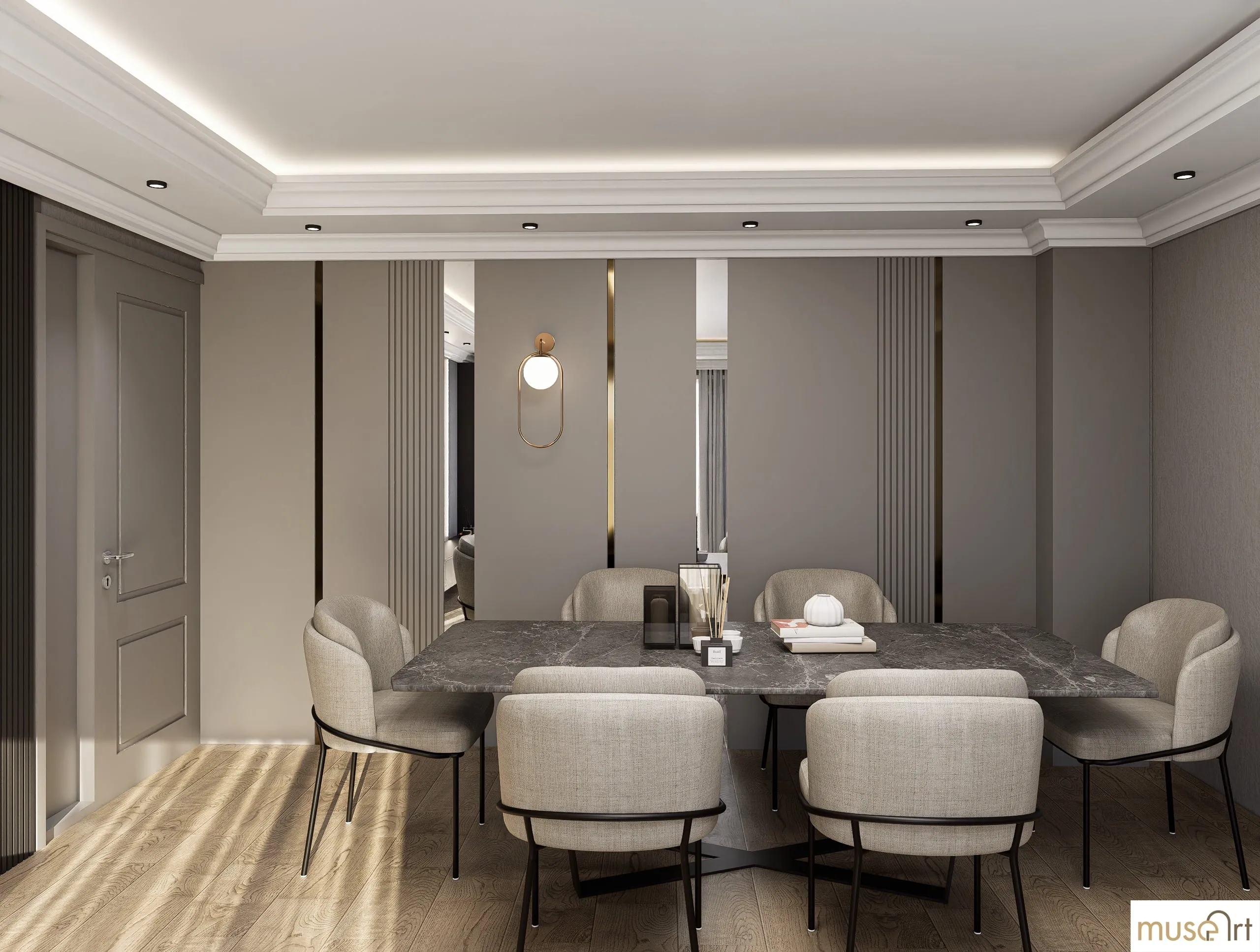 Marble dining table with cream chairs