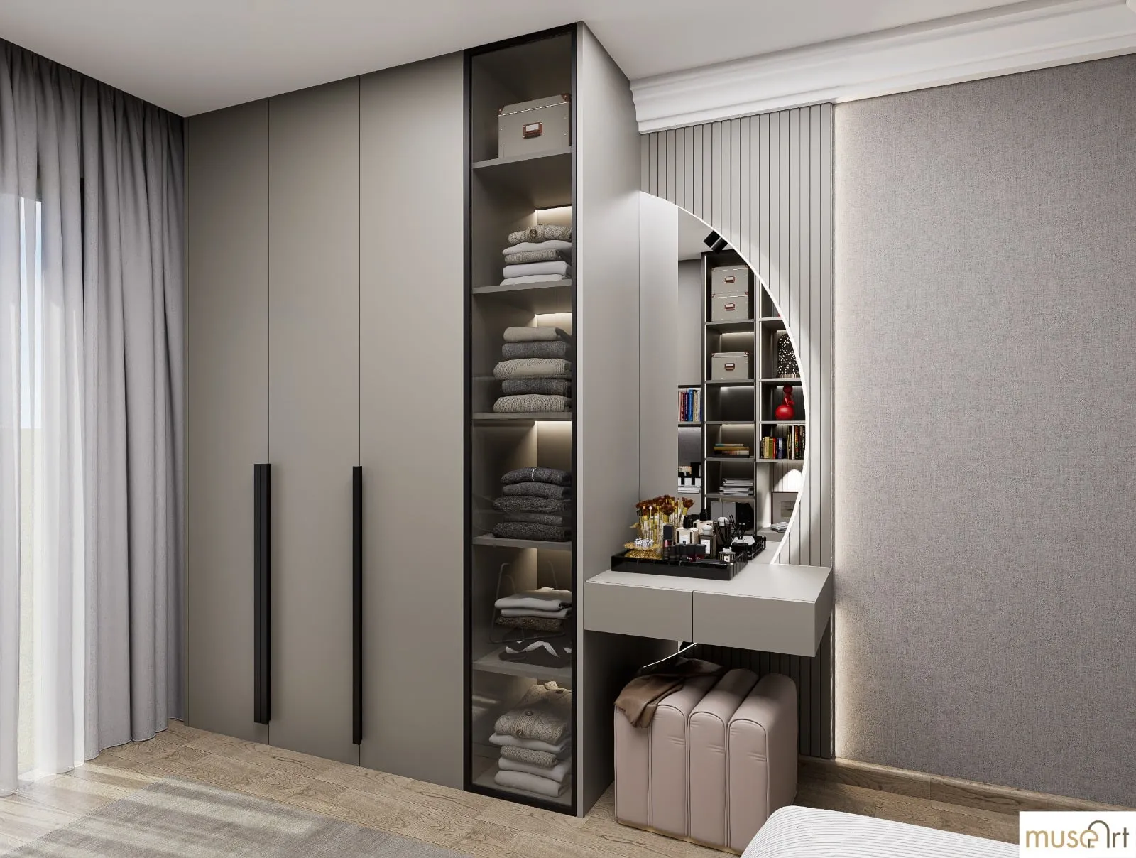 Round-mirrored vanity and wardrobe