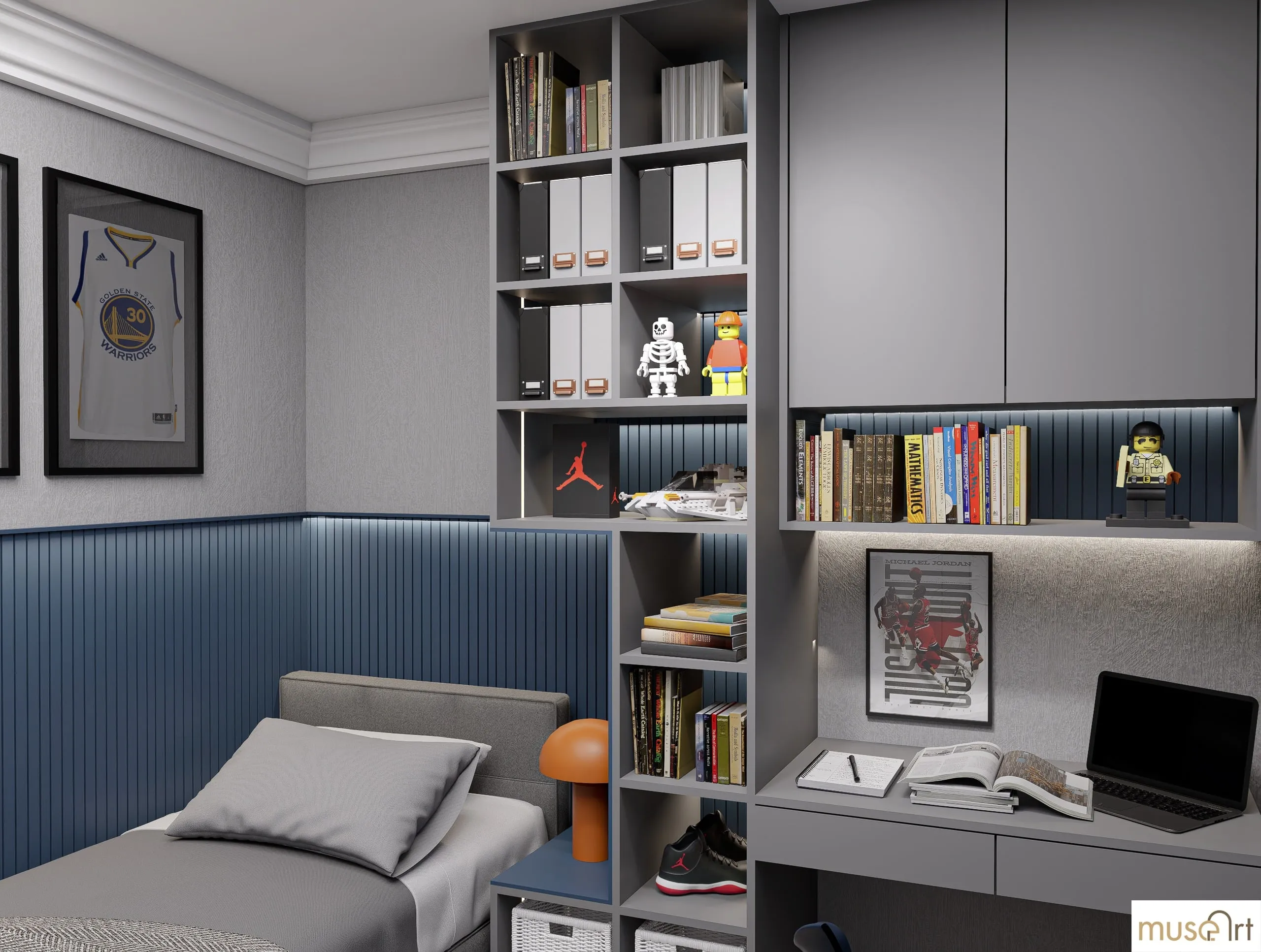 Detail of the desk and shelving unit
