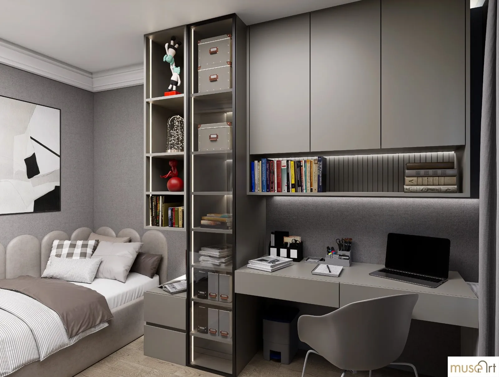 Detail of the desk with overhead cabinets