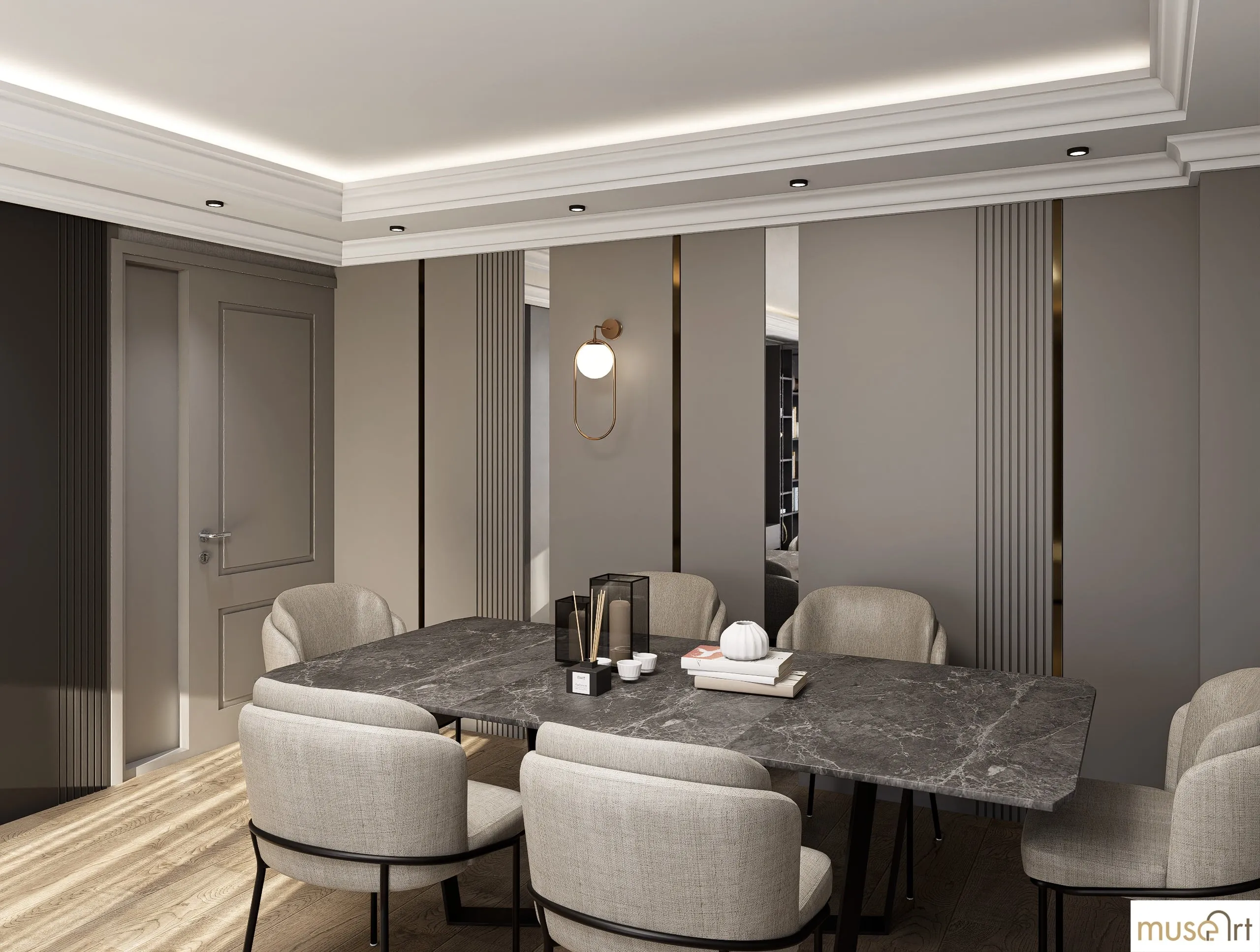 Dining area against fluted wall panels
